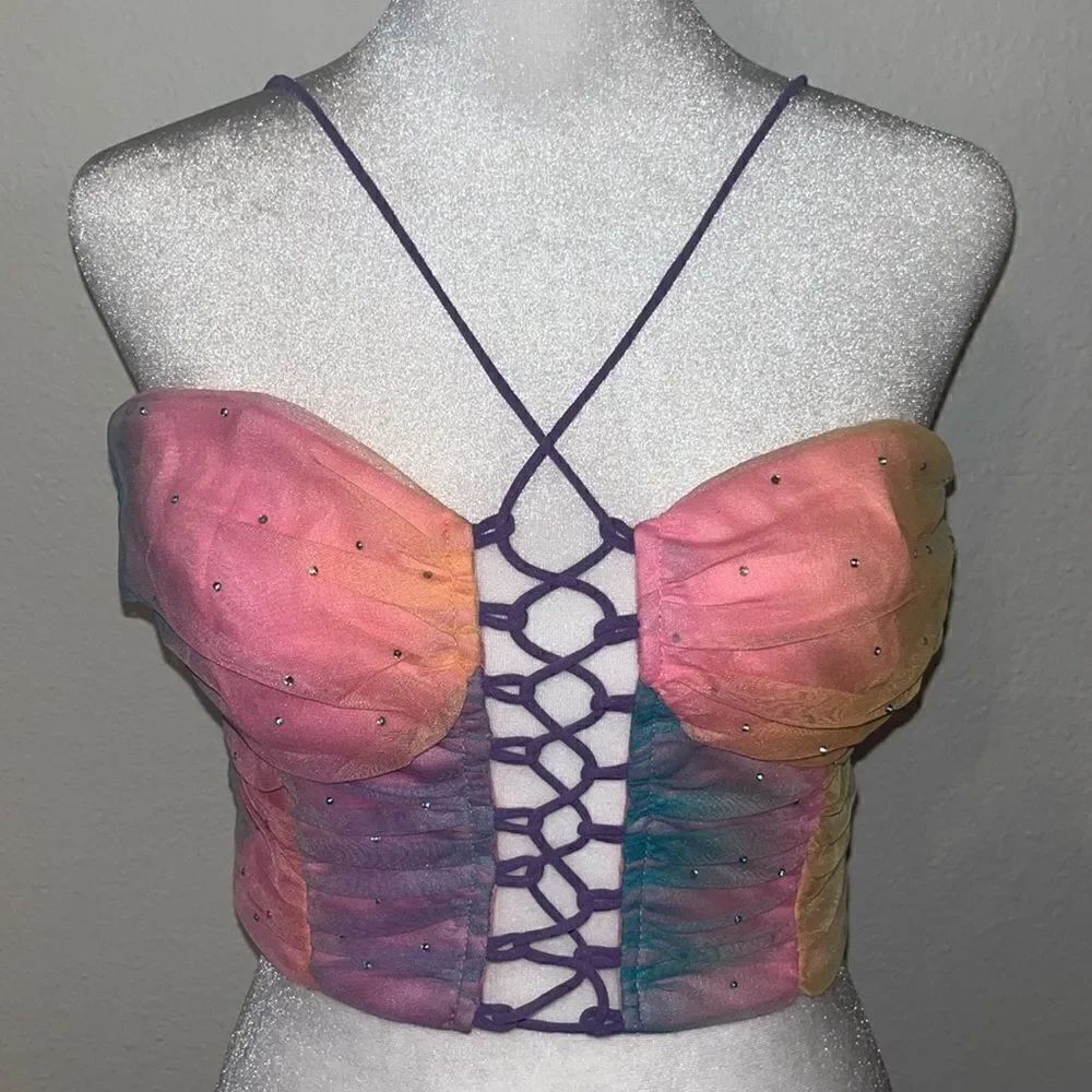 Blue Blush Rainbow rhinestone corset festival top NWOT